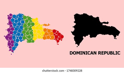 Spectrum vibrant mosaic vector map of Dominican Republic for LGBT, and black version. Geographic mosaic map of Dominican Republic is done with scattered circle elements.