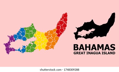 Spectrum vibrant mosaic vector map of Great Inagua Island for LGBT, and black version. Geographic mosaic map of Great Inagua Island is done with scattered circle elements.