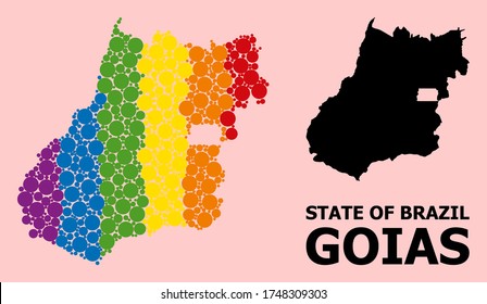 Espectro vibrante mapa vectorial de mosaico del estado de Goias para LGBT, y versión negra. El mapa de mosaicos geográficos del estado de Goias se organiza con puntos esféricos redondos aleatorios.