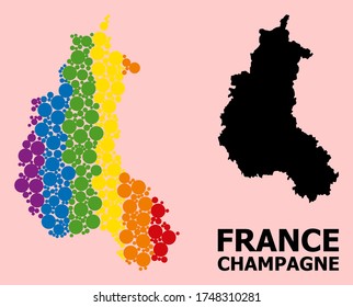 Spectrum vibrant mosaic vector map of Champagne Province for LGBT, and black version. Geographic concept map of Champagne Province is combined with random round spheric elements.