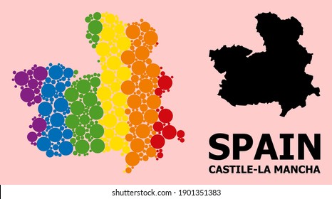 Spektrum lebendige Mosaik-Vektorkarte der Provinz Kastilien-La Mancha für LGBT, und schwarze Version. Geographische Konzeptkarte der Provinz Kastilien-La Mancha ist aus verstreuten Kreispunkten entworfen.