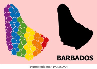 Spectrum vibrant mosaic vector map of Barbados for LGBT, and black version. Geographic mosaic map of Barbados is designed with randomized circle spots.