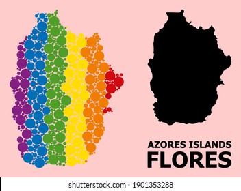 Spectrum vibrant mosaic vector map of Azores - Flores Island for LGBT, and black version. Geographic mosaic map of Azores - Flores Island is designed with scattered round spheric elements.