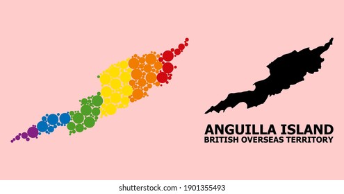 Spectrum vibrant mosaic vector map of Anguilla Island for LGBT, and black version. Geographic mosaic map of Anguilla Island is composed with randomized round spheric elements.