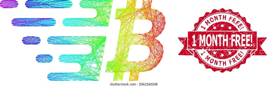 Spectrum vibrant net bitcoin, and 1 Month Free Exclamation grunge ribbon stamp seal. Red stamp includes 1 Month Free Exclamation text inside ribbon.Geometric hatched carcass flat network based on