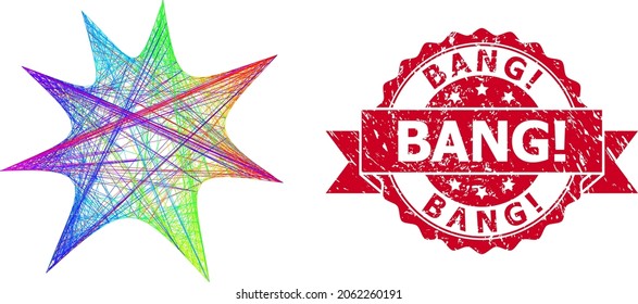 Spectrum vibrant net boom splash, and Bang Exclamation corroded ribbon stamp seal. Red seal has Bang Exclamation text inside ribbon.Geometric linear carcass 2D net based on boom splash icon, generated