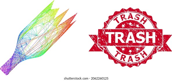 Frasco de vino roto de red vibrante de espectro y sello de cinta impuro de la basura. El sello rojo contiene el título de la Basura dentro de la cinta.Red plana del marco de alambre geométrico basada en el icono de la botella de vino roto,