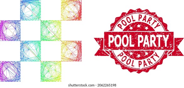 Spectrum vibrant net chess cells, and Pool Party grunge ribbon stamp seal. Red stamp seal has Pool Party tag inside ribbon.Geometric wire frame 2D network based on chess cells icon,