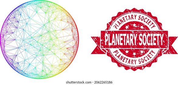 Spectrum vibrant net circle, and Planetary Society rubber ribbon seal print. Red stamp seal contains Planetary Society caption inside ribbon.Geometric wire frame flat net based on circle icon,