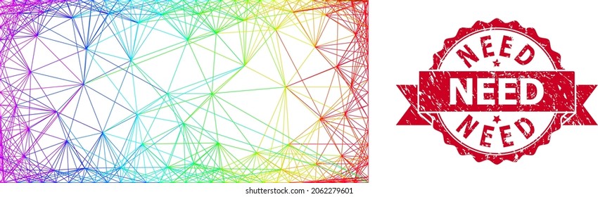 Spectrum vibrant net filled rectangle, and Need unclean ribbon seal imitation. Red stamp includes Need tag inside ribbon.Geometric linear carcass 2D net based on filled rectangle icon,