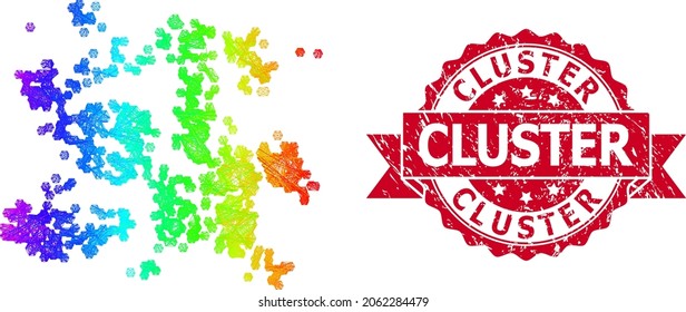 Spectrum vibrant net particle swarm, and Cluster scratched ribbon stamp. Red stamp contains Cluster caption inside ribbon.Geometric hatched carcass 2D net based on particle swarm icon,