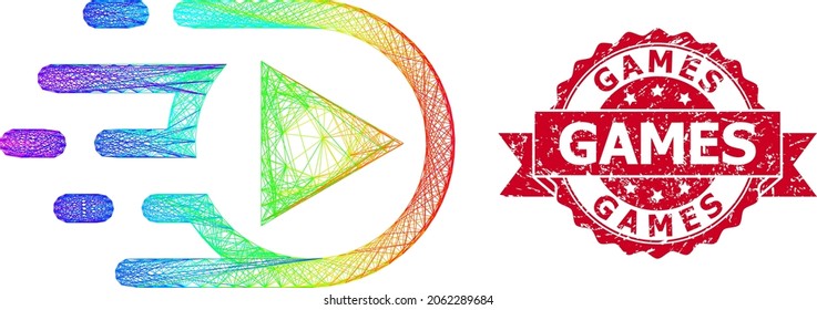 Spectrum vibrant net play function, and Games rubber ribbon stamp seal. Red stamp seal includes Games text inside ribbon.Geometric wire frame 2D net based on play function icon,