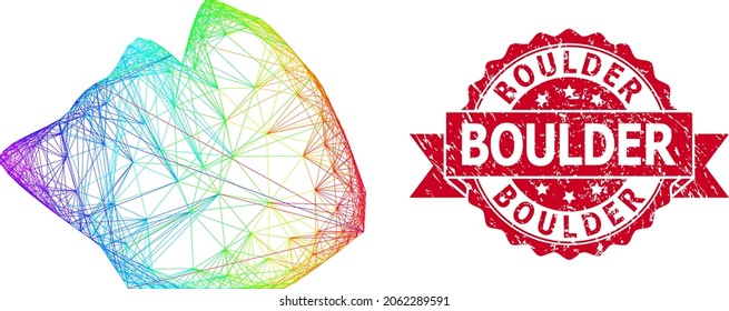 Spectrum vibrant net rock stone, and Boulder unclean ribbon seal imitation. Red stamp seal contains Boulder text inside ribbon.Geometric hatched frame flat net based on rock stone icon,
