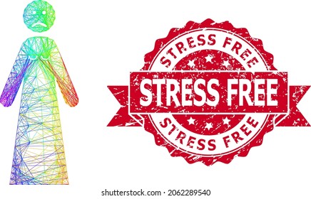 Spectrum Vibrant Net Sad Woman, And Stress Free Grunge Ribbon Seal Imitation. Red Stamp Seal Has Stress Free Title Inside Ribbon.Geometric Wire Frame 2D Net Based On Sad Woman Icon,