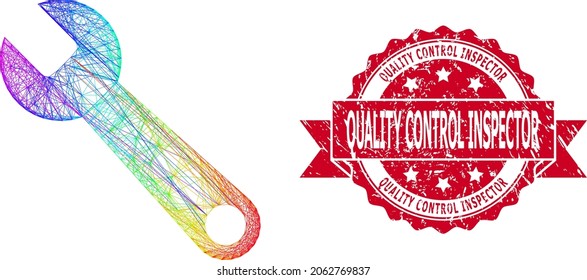 Espectro de red vibrante y sello de cinta texturada del inspector de control de calidad. El sello rojo incluye el texto del inspector de control de calidad dentro de la cinta.Red de marco lineal geométrico 2D basada en el icono del spanner,
