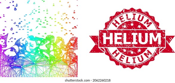 Spectrum vibrant network boiling liquid, and Helium dirty ribbon seal imitation. Red seal includes Helium text inside ribbon.Geometric wire carcass flat network based on boiling liquid icon,