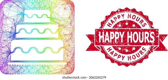 Spectrum vibrant network cake, and Happy Hours dirty ribbon stamp. Red stamp has Happy Hours tag inside ribbon.Geometric linear frame 2D network based on cake icon, generated with intersected lines,