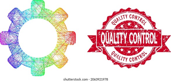 Spectrum vibrant network gear, and Quality Control textured ribbon stamp seal. Red stamp seal includes Quality Control title inside ribbon.Geometric linear carcass flat network based on gear icon,