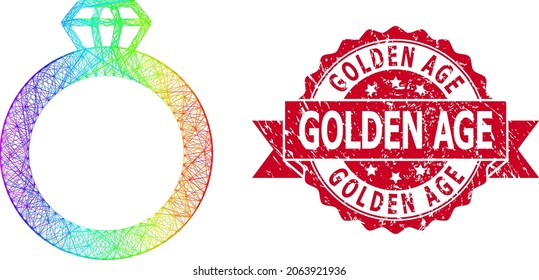 Spectrum vibrant network gem ring, and Golden Age textured ribbon seal imitation. Red stamp includes Golden Age tag inside ribbon.Geometric hatched carcass 2D network based on gem ring icon,