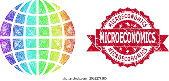 Spectrum vibrant network globe, and Microeconomics grunge ribbon stamp seal. Red stamp contains Microeconomics tag inside ribbon.Geometric hatched carcass 2D network based on globe icon,