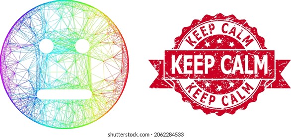 Spectrum vibrant network neutral smiley, and Keep Calm corroded ribbon stamp seal. Red stamp seal has Keep Calm tag inside ribbon.Geometric linear carcass 2D network based on neutral smiley icon,