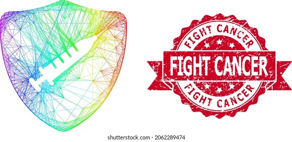 Spectrum vibrant network shield vaccine, and Fight Cancer textured ribbon watermark. Red stamp seal has Fight Cancer tag inside ribbon.Geometric wire carcass 2D network based on shield vaccine icon,