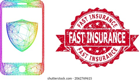 Espectro vibrante escudo de smartphone de red e impresión de sellos de goma de Fast Insurance. El sello rojo incluye la etiqueta de Fast Insurance dentro de la cinta.