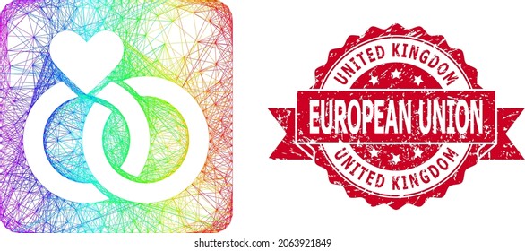 Spectrum vibrant network wedding rings, and United Kingdom European Union unclean ribbon seal print. Red stamp seal includes United Kingdom European Union text inside ribbon.