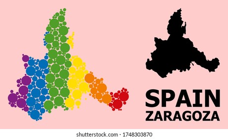 Spectrum vibrant pattern vector map of Zaragoza Province for LGBT, and black version. Geographic concept map of Zaragoza Province is organized from randomized round spheric elements.