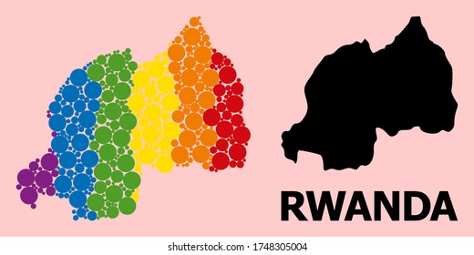 Spectrum vibrant pattern vector map of Rwanda for LGBT, and black version. Geographic concept map of Rwanda is constructed with scattered round spheric spots.