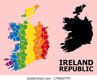 Spectrum vibrant pattern vector map of Ireland Republic for LGBT, and black version. Geographic concept map of Ireland Republic is composed from random circle elements.