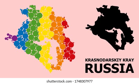 Spectrum vibrant pattern vector map of Krasnodarskiy Kray for LGBT, and black version. Geographic concept map of Krasnodarskiy Kray is organized with scattered round spheric spots.