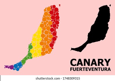 Spectrum vibrant pattern vector map of Fuerteventura Island for LGBT, and black version. Geographic concept map of Fuerteventura Island is created with scattered round spheric dots.