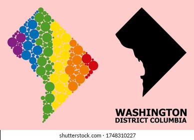 Spectrum vibrant pattern vector map of District Columbia for LGBT, and black version. Geographic concept map of District Columbia is organized from scattered round spheric dots.