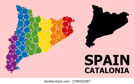 Spectrum vibrant pattern vector map of Catalonia for LGBT, and black version. Geographic concept map of Catalonia is combined with random circle elements.