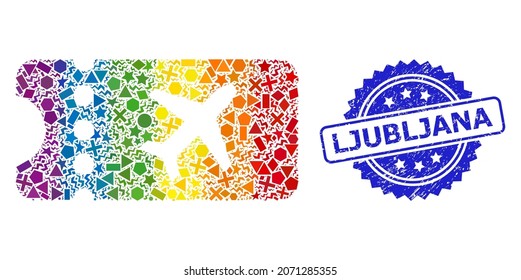 Spectrum vibrant vector air ticket collage for LGBT, and Ljubljana textured rosette stamp seal. Blue stamp includes Ljubljana text inside rosette.