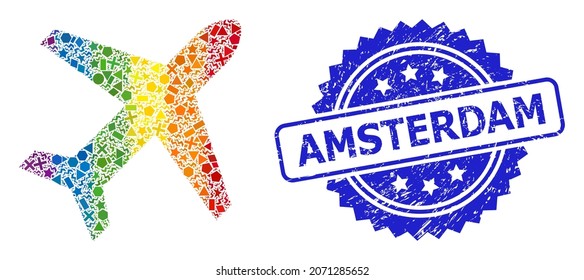 Spectrum vibrant vector airplane mosaic for LGBT, and Amsterdam corroded rosette stamp. Blue stamp includes Amsterdam text inside rosette.