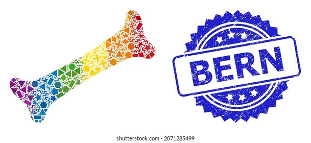 Spectrum vibrant vector bone collage for LGBT, and Bern textured rosette seal print. Blue stamp seal contains Bern text inside rosette.