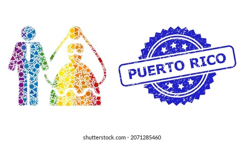 Spectrum vibrant vector bride and groom collage for LGBT, and Puerto Rico dirty rosette seal print. Blue stamp seal includes Puerto Rico tag inside rosette.