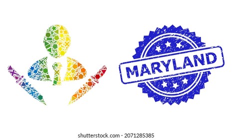 Spectrum vibrant vector butchery boss mosaic for LGBT, and Maryland corroded rosette stamp. Blue stamp includes Maryland title inside rosette.