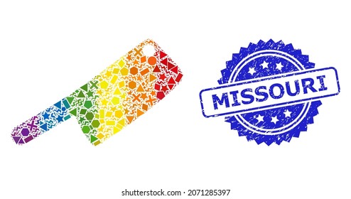 Spectrum vibrant vector butchery knife collage for LGBT, and Missouri textured rosette seal. Blue seal has Missouri caption inside rosette.