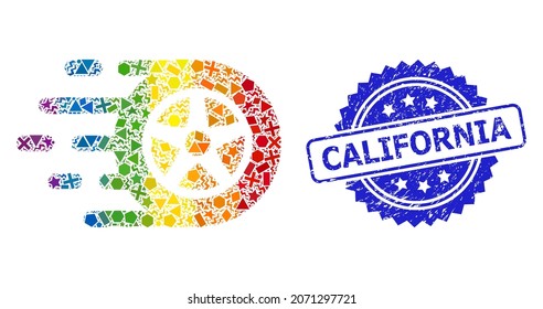 Spectrum vibrant vector car wheel mosaic for LGBT, and California corroded rosette stamp seal. Blue stamp seal includes California title inside rosette.