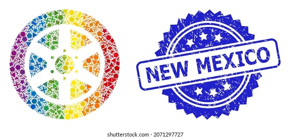 Spectrum vibrant vector car wheel collage for LGBT, and New Mexico dirty rosette seal imitation. Blue stamp seal has New Mexico caption inside rosette.