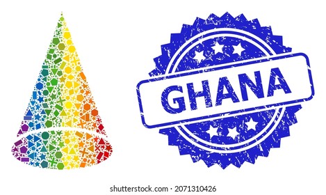Spectrum vibrant vector cone figure collage for LGBT, and Ghana corroded rosette seal imitation. Blue seal contains Ghana title inside rosette.