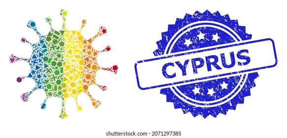 Collage del coronavirus del vector vibrante del espectro para LGBT y impresión del sello de rosette de caucho de Chipre. El sello azul contiene el título de Chipre dentro de la roseta.