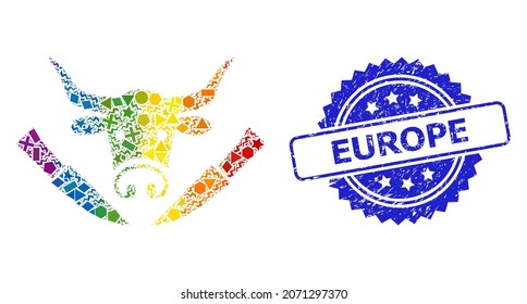 Collage de carnicería de vaca vector vibrante de espectro para LGBT y sello de marca de rosetón de goma de Europa. El sello azul incluye la leyenda europea dentro de la roseta.