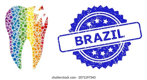 Spectrum vibrant vector cracked tooth collage for LGBT, and Brazil corroded rosette stamp seal. Blue stamp seal includes Brazil tag inside rosette.