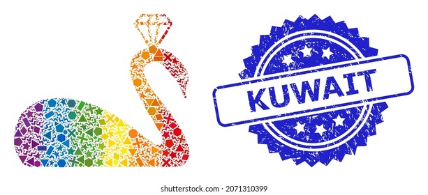Spectrum vibrant vector crowned swan collage for LGBT, and Kuwait unclean rosette seal print. Blue seal has Kuwait tag inside rosette.
