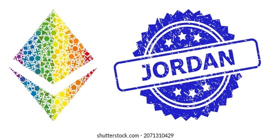 Espectro vibrante de mosaico de cristal vector para LGBT, y sello de sello de rosette rayado en Jordania. El sello azul tiene la etiqueta Jordania dentro de la roseta.
