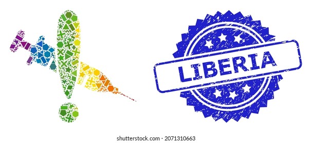 Spectrum vibrant vector danger vaccine mosaic for LGBT, and Liberia corroded rosette stamp. Blue stamp seal contains Liberia caption inside rosette.